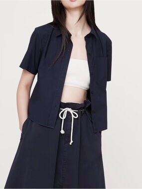 Banana Republic NEW Cotton Poplin Short Sleeve Button Up Top Navy Blue XS